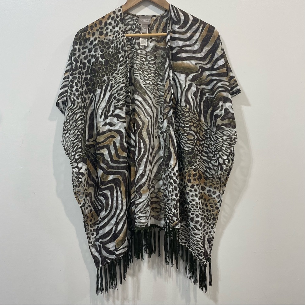 Chico’s Animal Print Burntout Fringe Lightweight Ruana Cardigan CoverUp Size S/M